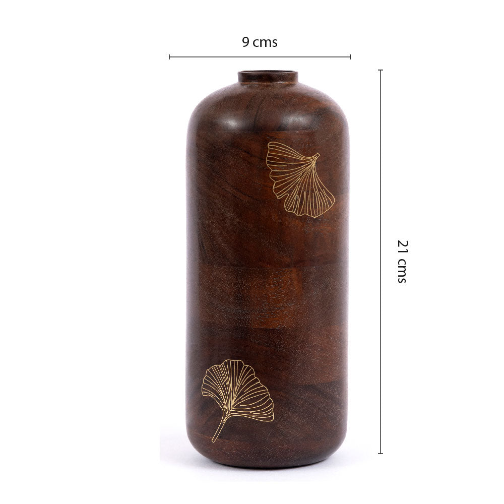 Tarkashi Biloba Vase Acacia Wood with Natural Stain and Brass Inlay