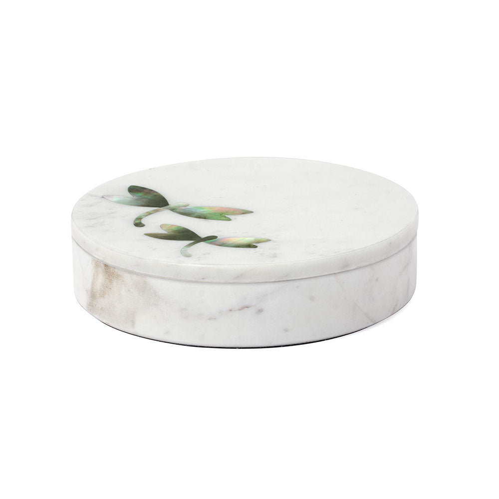 Decorative White Marble Trinket Box with Mother of Pearl Inlay