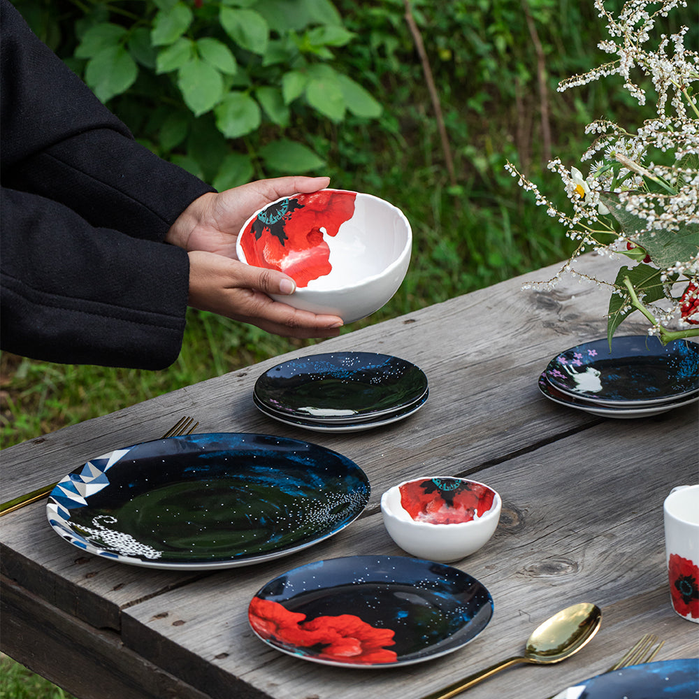 Midnight in Mashobra- Dinner Set for Two ( 2 Dinner Plates, 2 Quarter Plates, 2 Bowls, 4 Katoris )